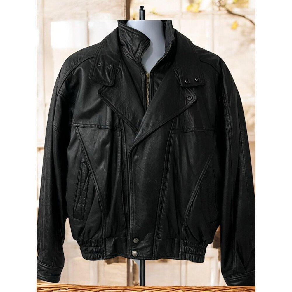 Vintage Tannery West Men's Black Leather Thinsulate Moto Biker Bomber Jacket M